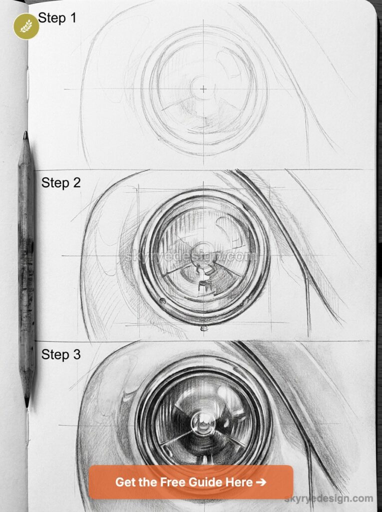 tutorial-volkswagen-beetle-headlight Step-by-step pencil tutorial: how to draw a realistic car headlight in three stages in a sketchbook | Sky Rye Design Step-by-step pencil tutorial: how to draw a realistic car headlight in three stages in a sketchbook