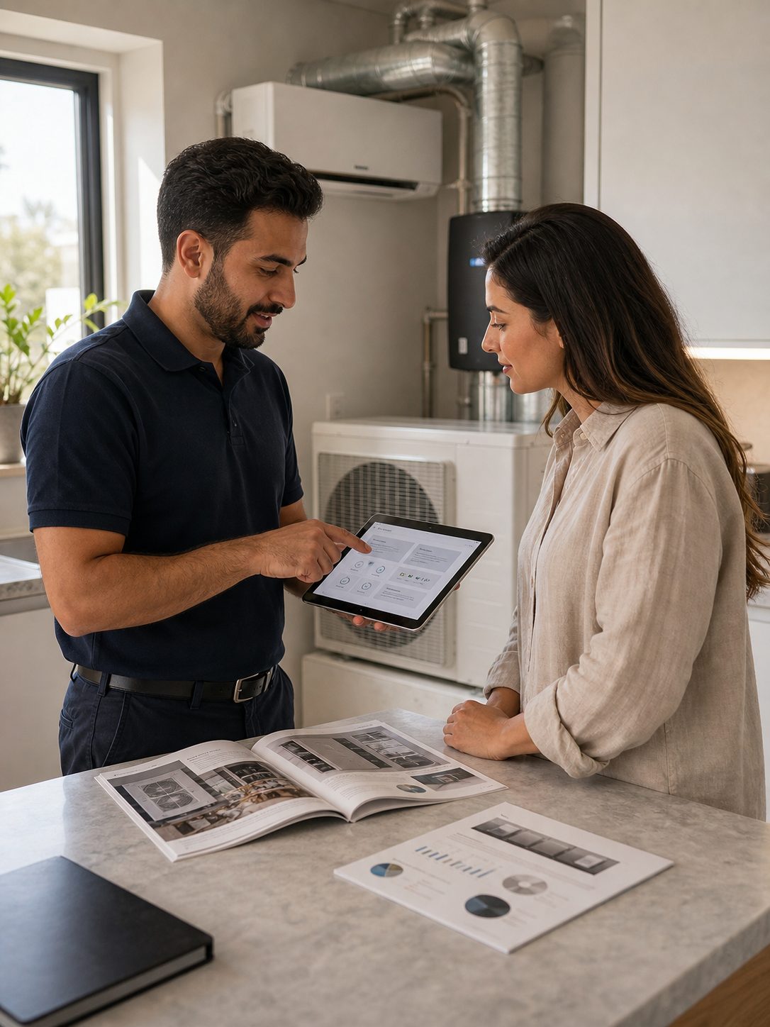 HVAC technician explaining high-efficiency system options to a homeowner using a tablet in a utility room.