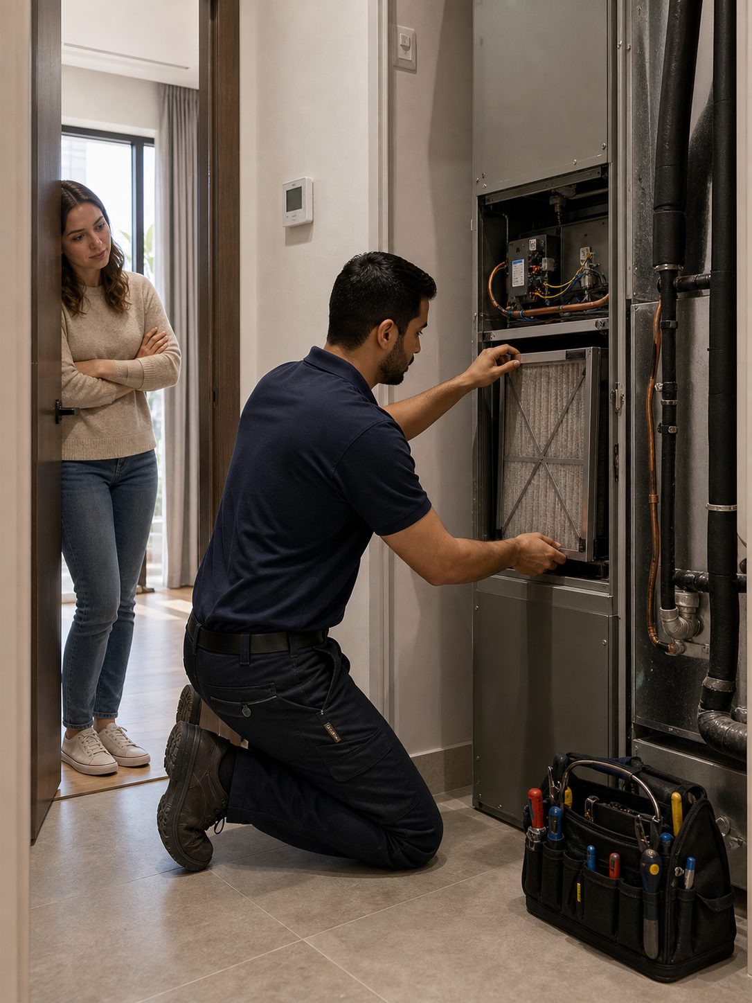 HVAC technician replacing a filter in a residential air handler while a homeowner observes from the doorway.