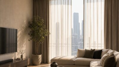 Modern living room with a subtle linear HVAC diffuser integrated into the ceiling near the window wall.
