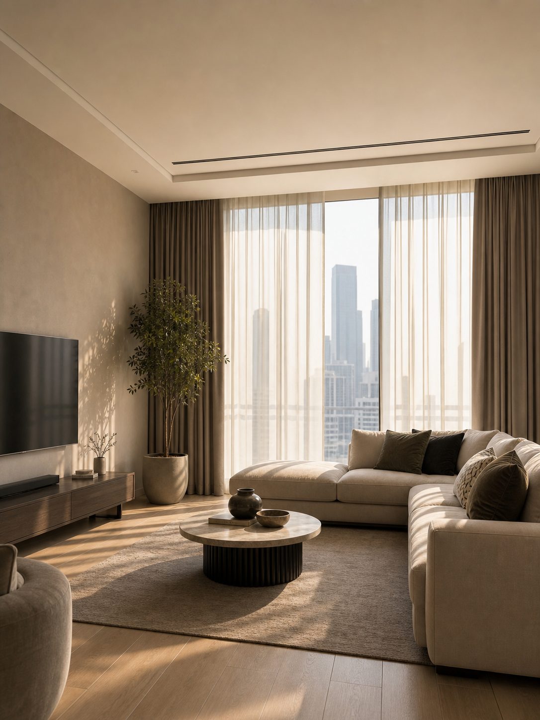 Modern living room with a subtle linear HVAC diffuser integrated into the ceiling near the window wall.