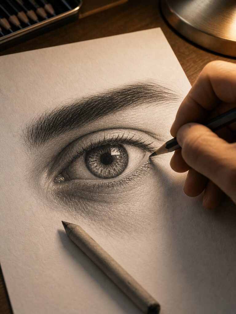 hyper-realistic-eye-graphite-drawing Photorealistic graphite drawing of an eye being sketched by hand, close-up with pencil and blending stump on paper | Sky Rye Design Photorealistic graphite drawing of an eye being sketched by hand, close-up with pencil and blending stump on paper