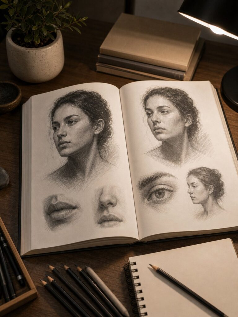 hyper-realistic-graphite-art-study-book Open sketchbook with realistic pencil portraits and facial feature studies of a woman, pencils on desk | Sky Rye Design Open sketchbook with realistic pencil portraits and facial feature studies of a woman, pencils on desk