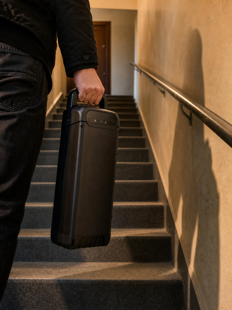Person carrying large black portable power station battery pack with handle up indoor stairs