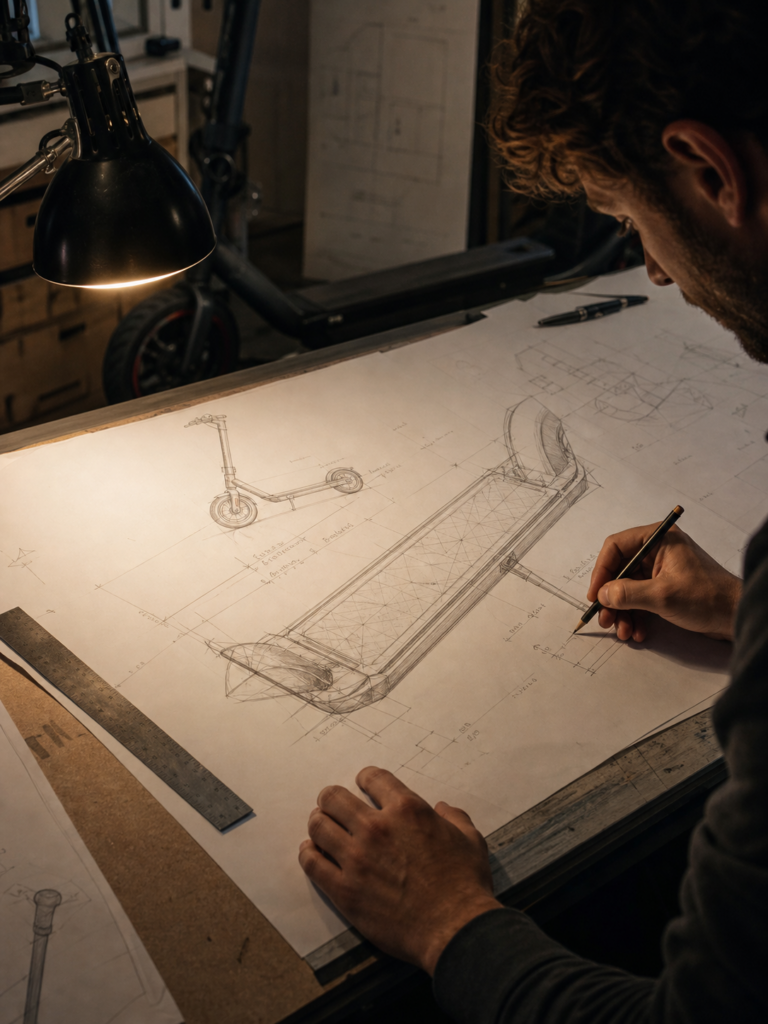 Electric scooter design sketch - designer drafting detailed blueprint with measurements and ruler under desk lamp