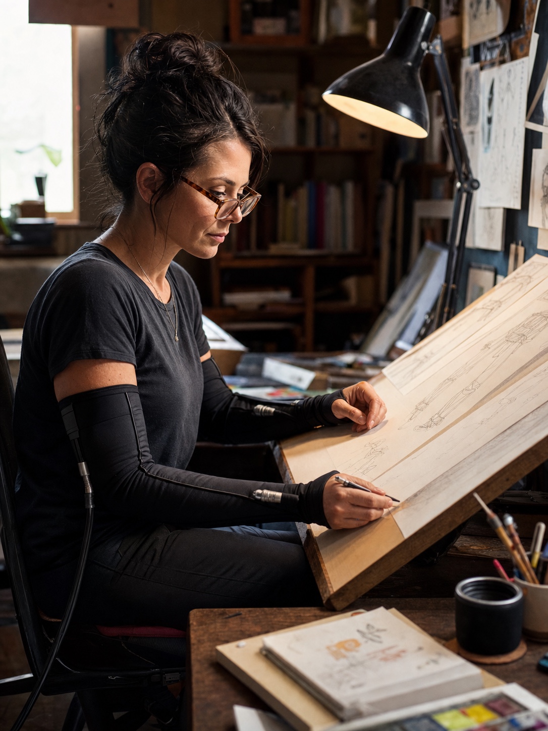 Illustrator wearing compression arm sleeves Illustrator wearing pneumatic compression arm sleeves while reviewing sketches at a drawing board. | Sky Rye Design Illustrator wearing pneumatic compression arm sleeves while reviewing sketches at a drawing board.