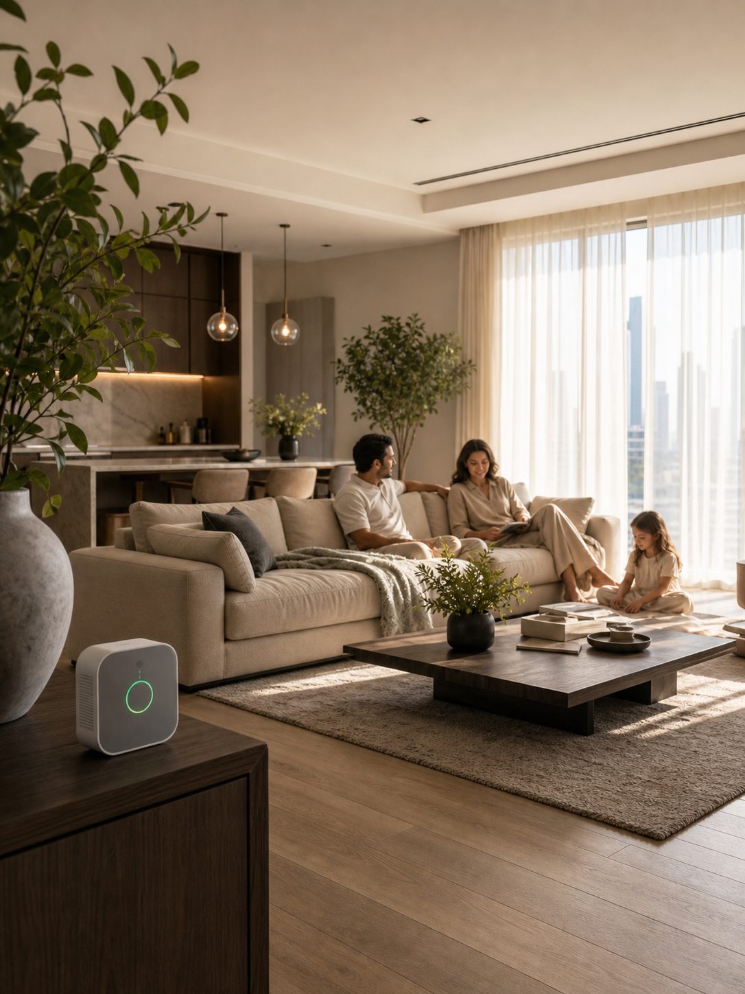 Sunlit living room with a green air quality monitor on a console table and a family relaxing nearby.