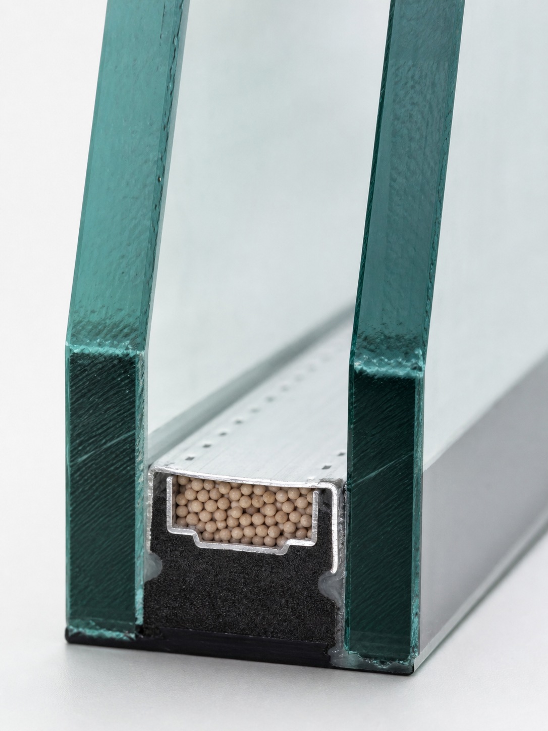 Macro cross-section of an insulating glass unit with two panes, spacer, desiccant, gas cavity, and sealant layers.