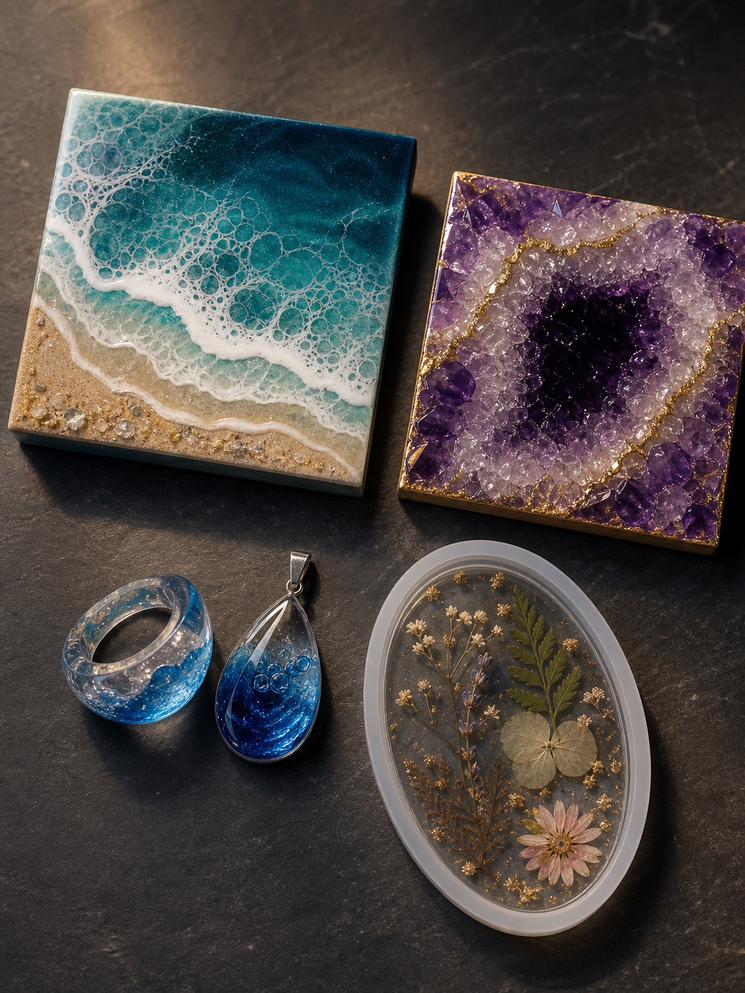 Intermediate resin art projects including an ocean panel, geode panel, resin jewelry and botanical tray.