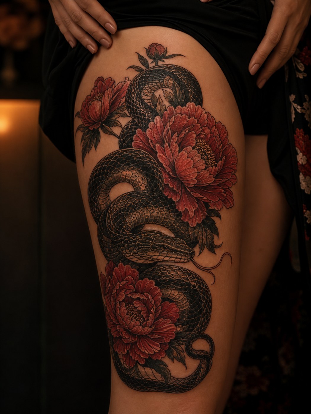 Japanese style snake and peony tattoo on the upper thigh.