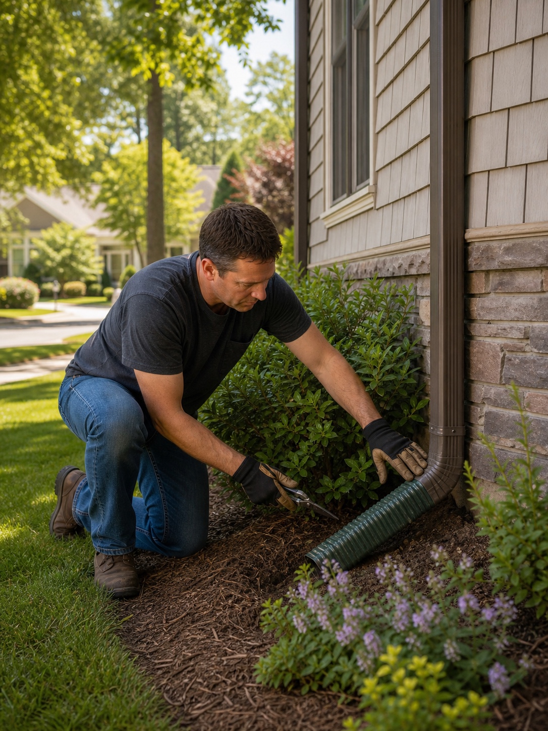 Homeowner trimming shrubs near siding and checking a downspout extension beside a suburban garden bed.