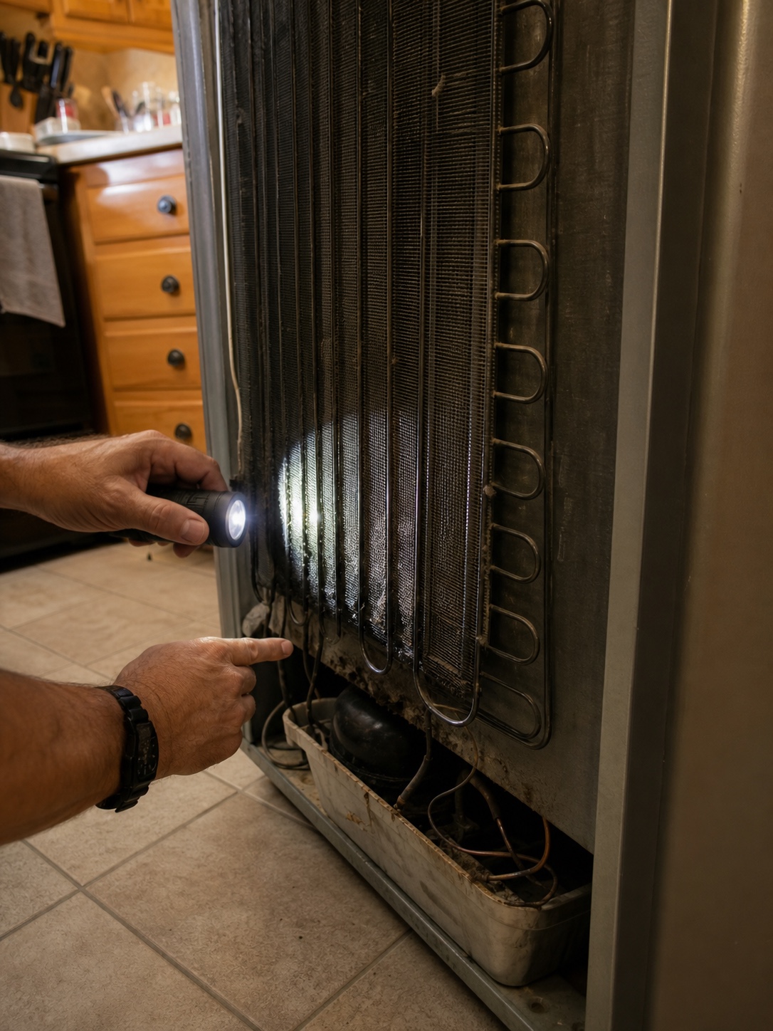 Hands checking dusty refrigerator condenser coils with a flashlight in a suburban kitchen.
