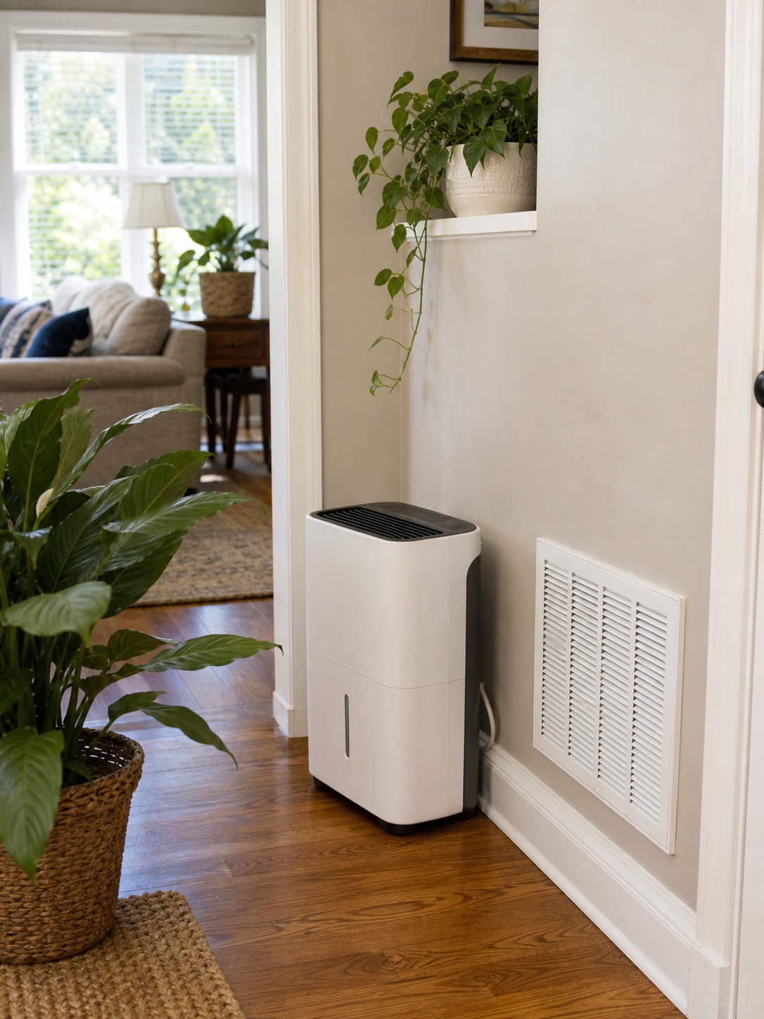 Bright home interior with a small dehumidifier, HVAC vent, wood floor, and indoor plants for humidity control.
