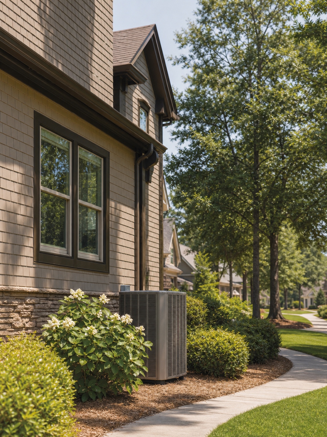 Suburban Johns Creek home in summer heat with an outdoor HVAC unit beside the house.