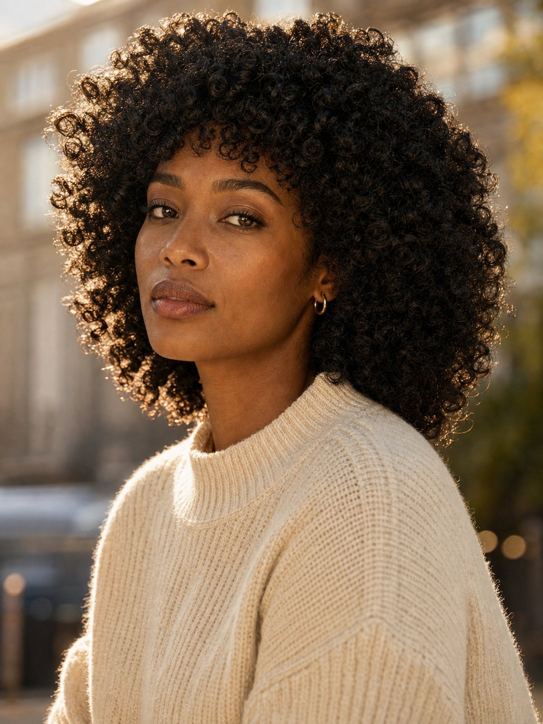 Black woman wearing a kinky curly wig and cream knit sweater outdoors in golden hour light.