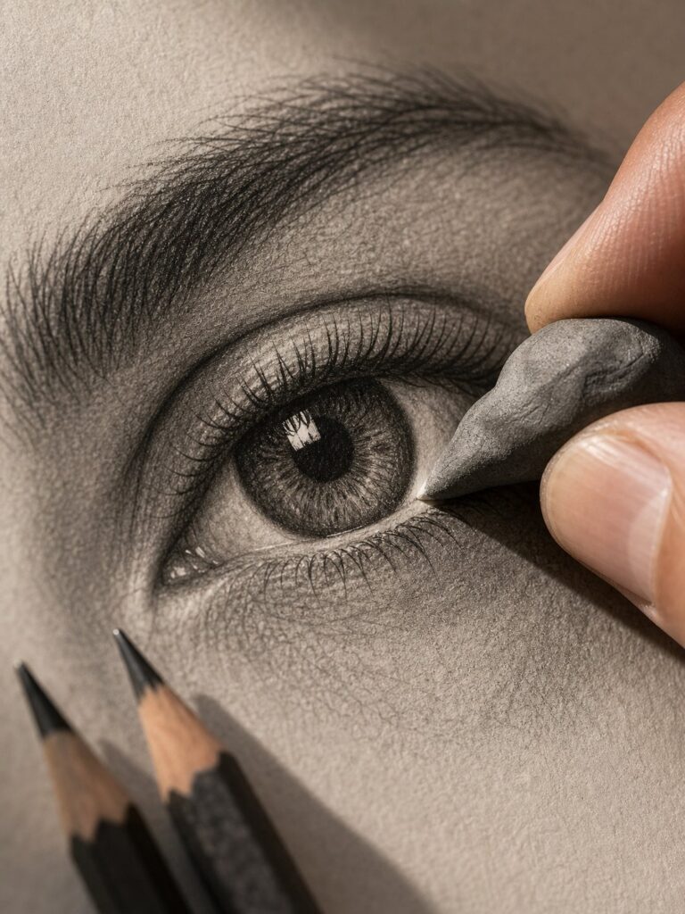 kneaded-eraser-lifting-graphite-highlights Hyperrealistic graphite pencil drawing of an eye, artist shading fine details with a kneaded eraser and pencils | Sky Rye Design Hyperrealistic graphite pencil drawing of an eye, artist shading fine details with a kneaded eraser and pencils