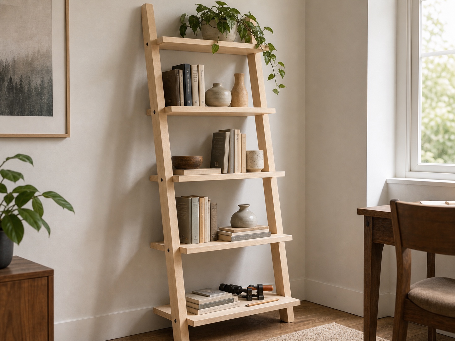 Slim wooden ladder bookshelf leaning against a wall with books and ceramics