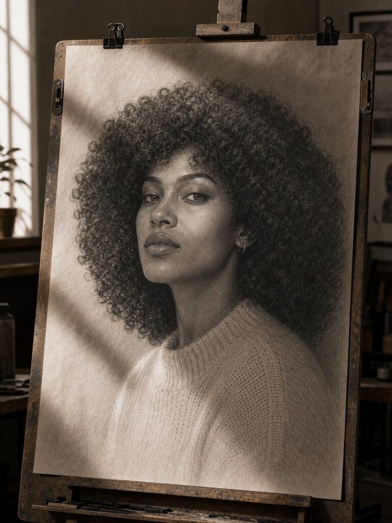 large-format-hyper-realistic-graphite-portrait Monochrome portrait of a woman with voluminous curly hair, wearing a knit sweater, displayed on an easel in an art studio. | Sky Rye Design Monochrome portrait of a woman with voluminous curly hair, wearing a knit sweater, displayed on an easel in an art studio.