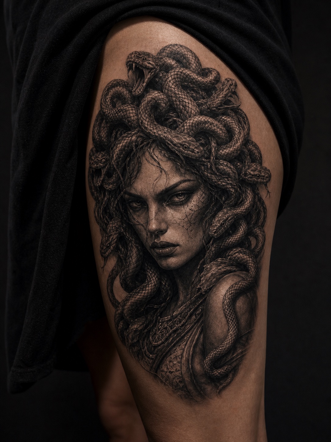 Large thigh Medusa portrait tattoo with dramatic detail.