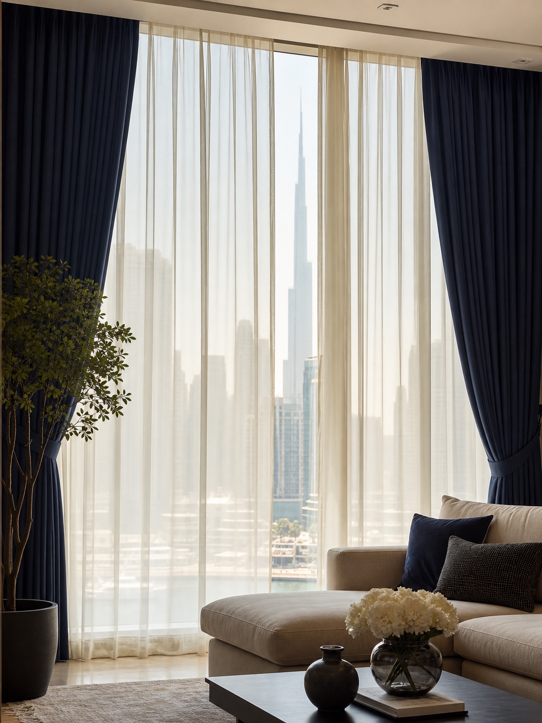 Ivory sheers and deep navy blackout curtains layered over floor-to-ceiling windows in a Dubai living room.