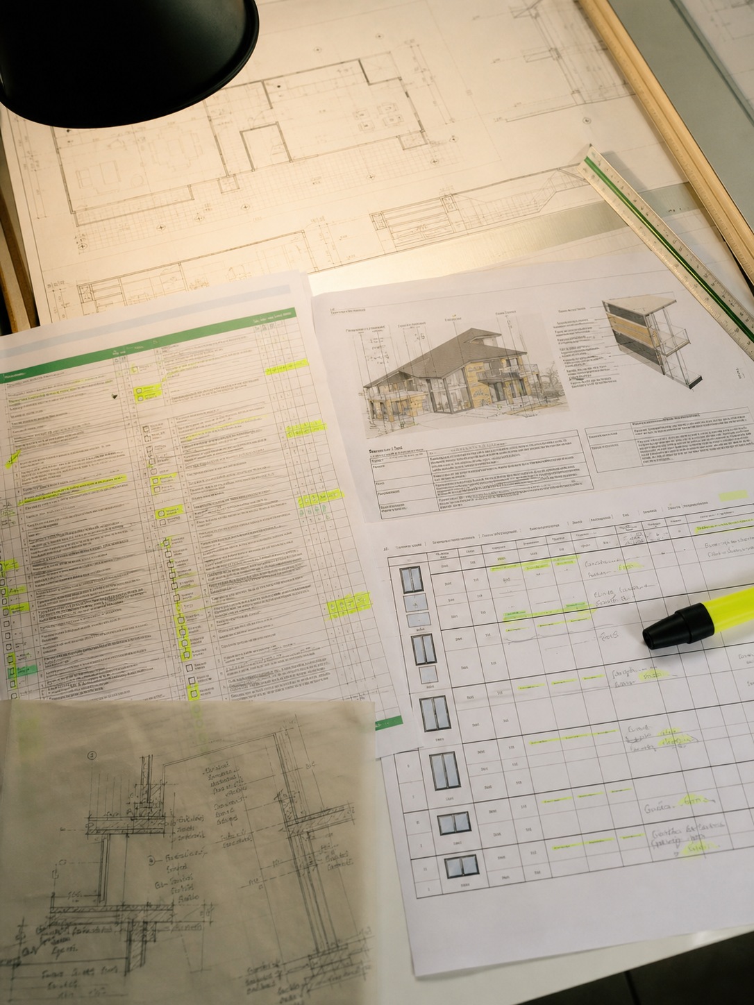 Architectural specification documents for LEED, Passive House, and window U-value planning on a drafting table.