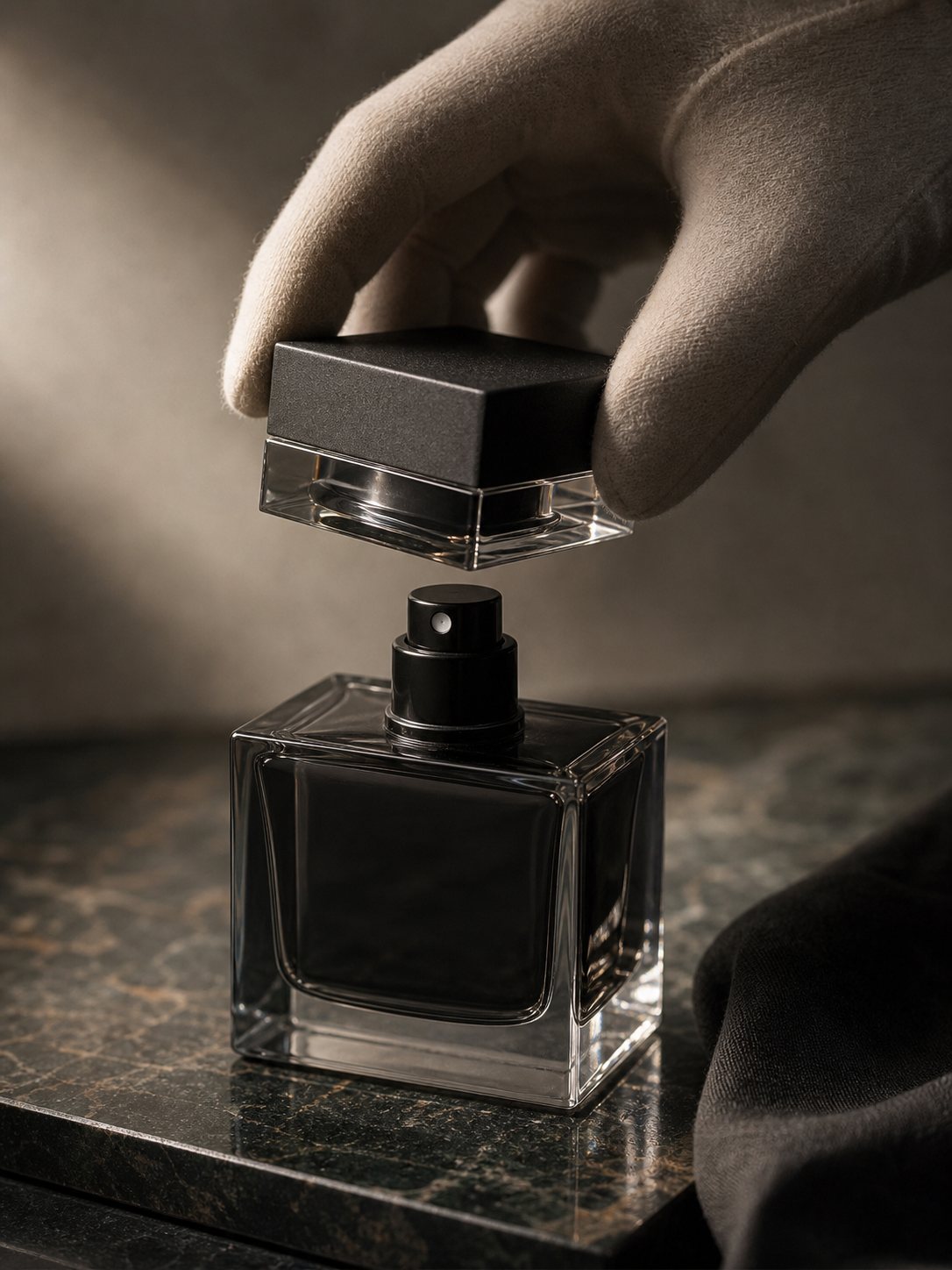 Gloved hand lifting a heavy geometric black cap from a clear glass perfume bottle.