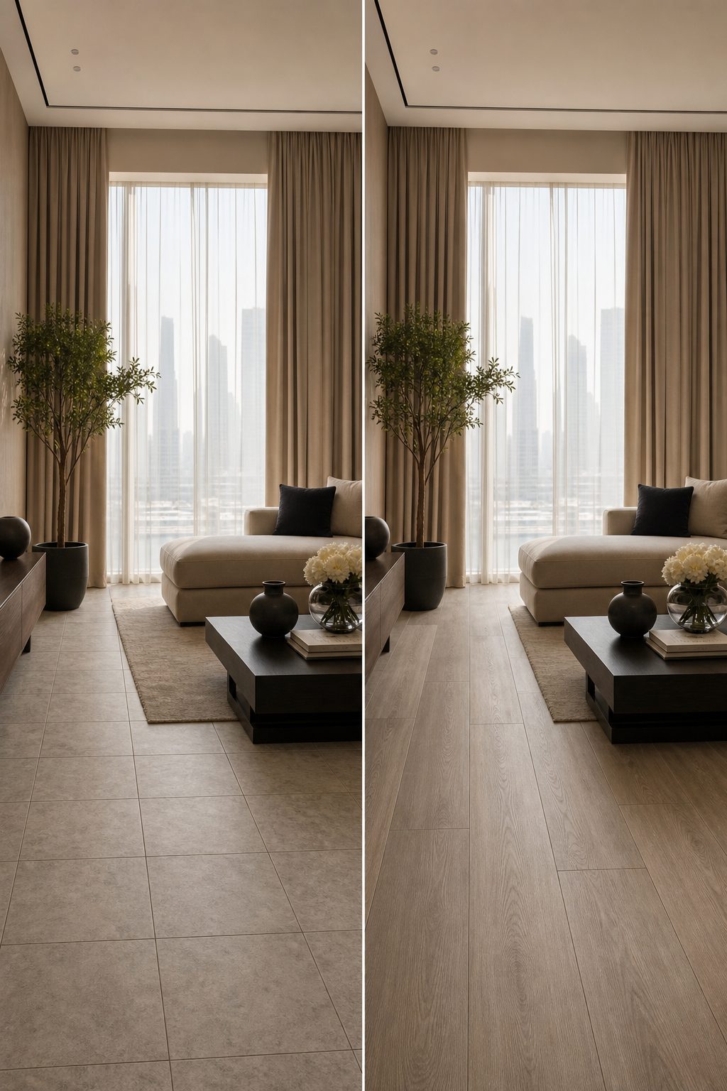 Split view of a Dubai living room comparing small tile-format flooring with large-format LVT planks.