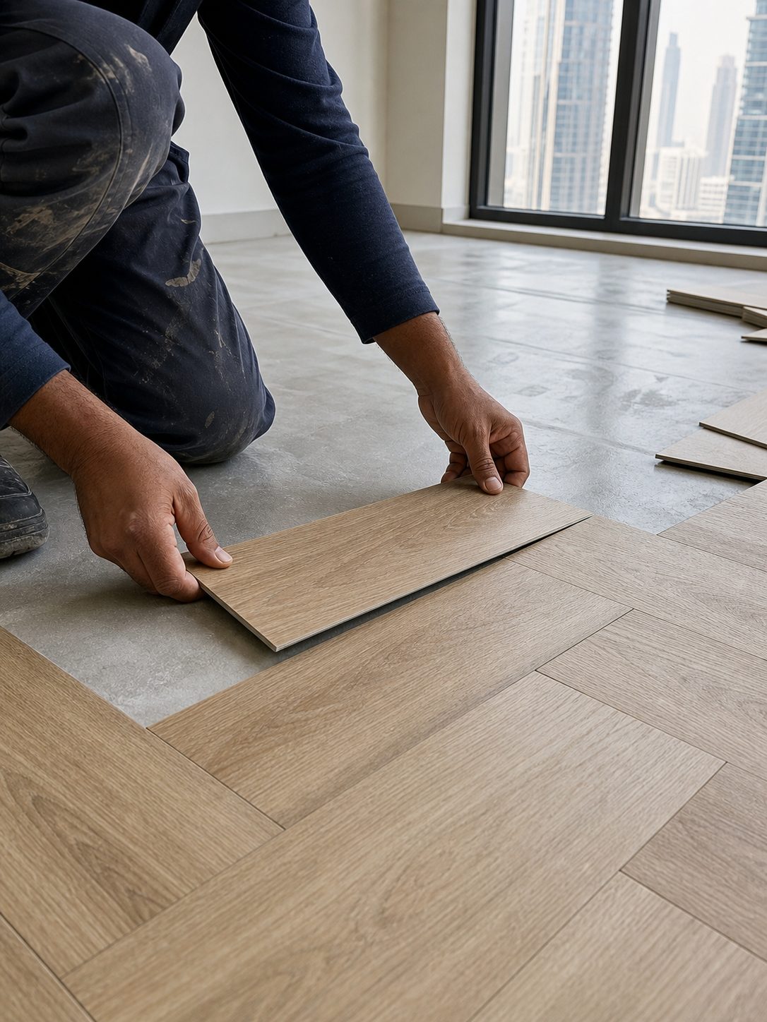 Installer fitting wide-plank LVT flooring by hand over a clean subfloor in a Dubai apartment.