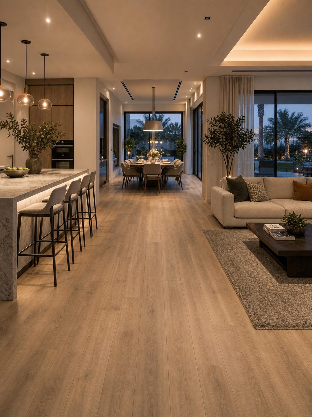 Continuous warm oak LVT plank flooring running through kitchen, dining, and living areas in a Dubai villa.