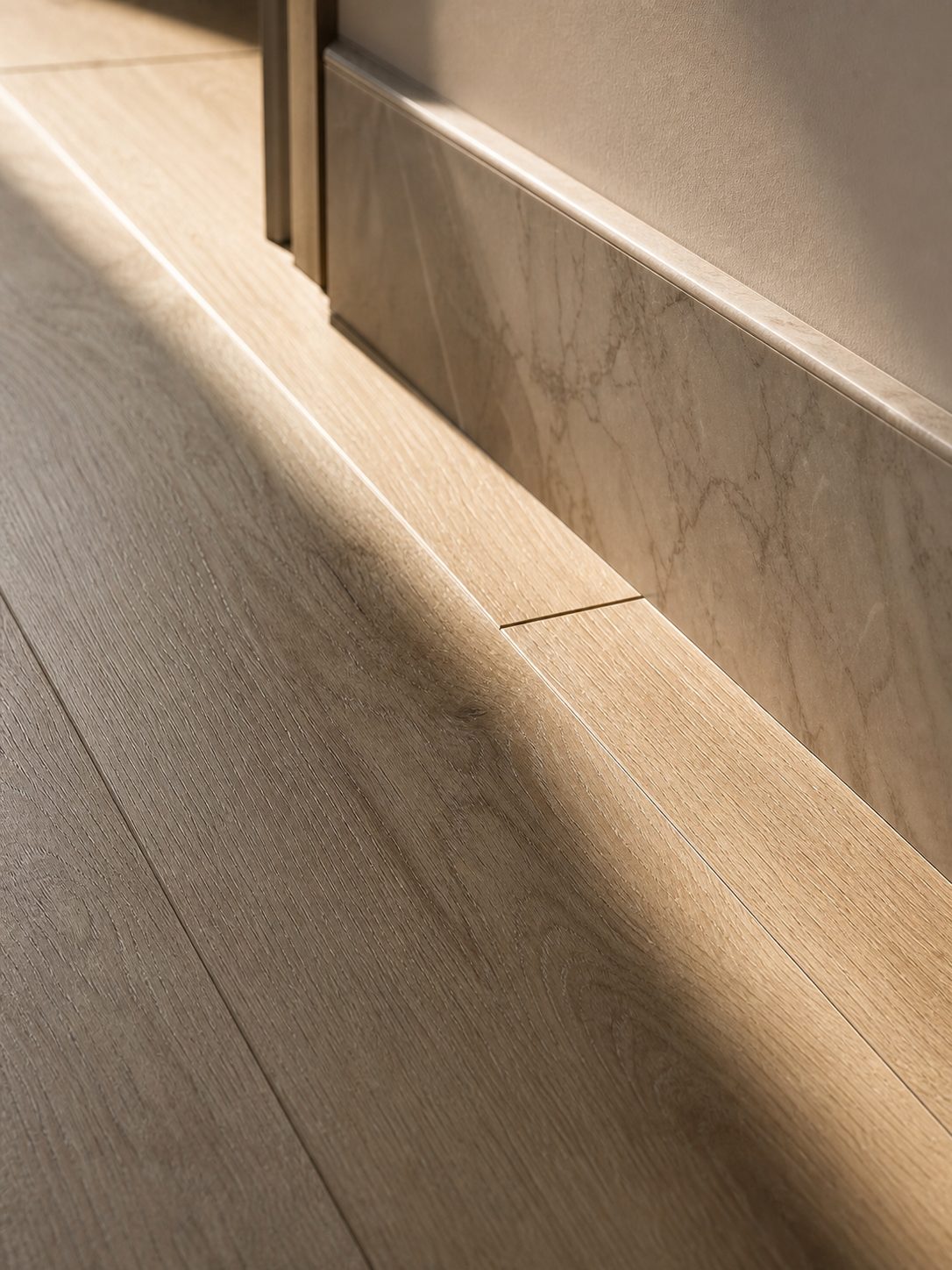 Close-up of warm sandy oak LVT flooring meeting a marble skirting board in late afternoon light.