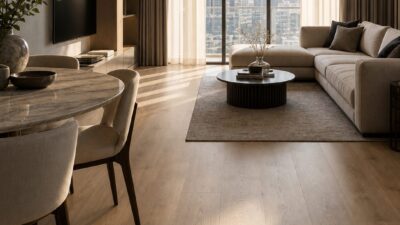 Warm sandy oak wide-plank LVT flooring in a modern Dubai apartment living room with floor-to-ceiling windows.