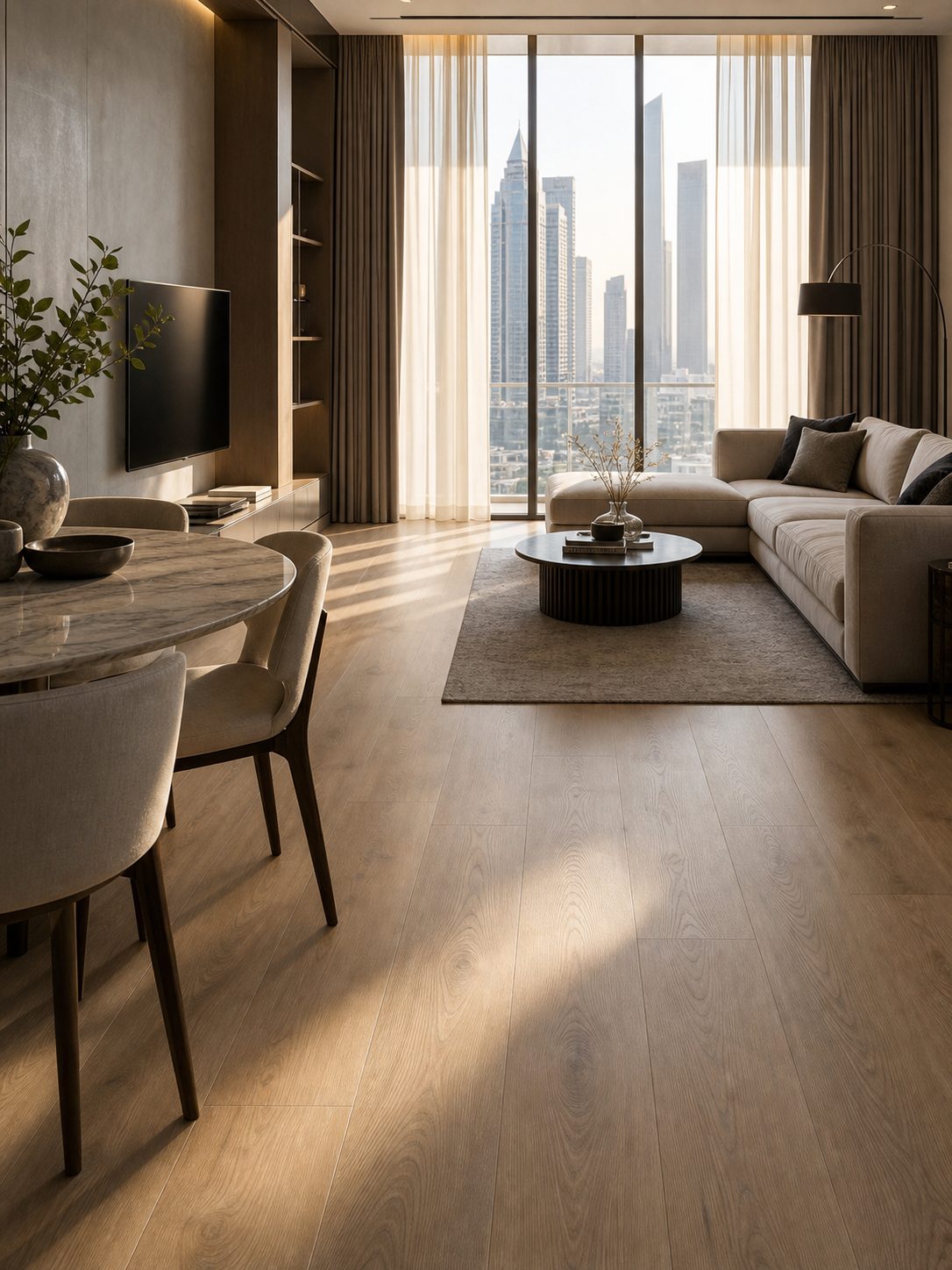 Warm sandy oak wide-plank LVT flooring in a modern Dubai apartment living room with floor-to-ceiling windows.