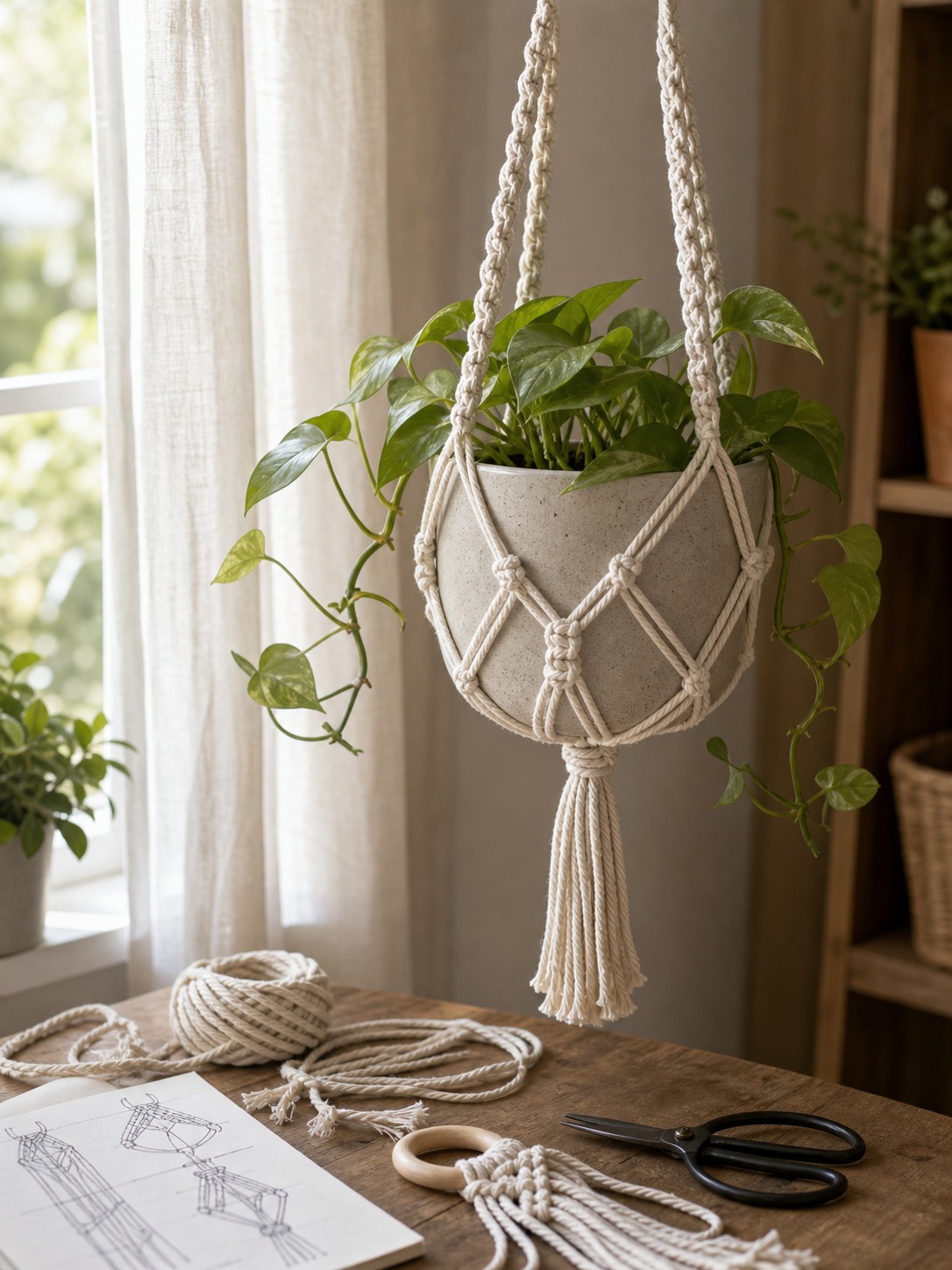 Macrame plant hanger near a bright window