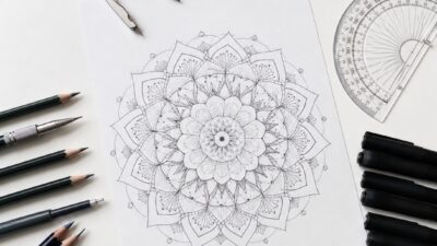 Mandala drawing tools arranged around a hand-drawn mandala on white paper