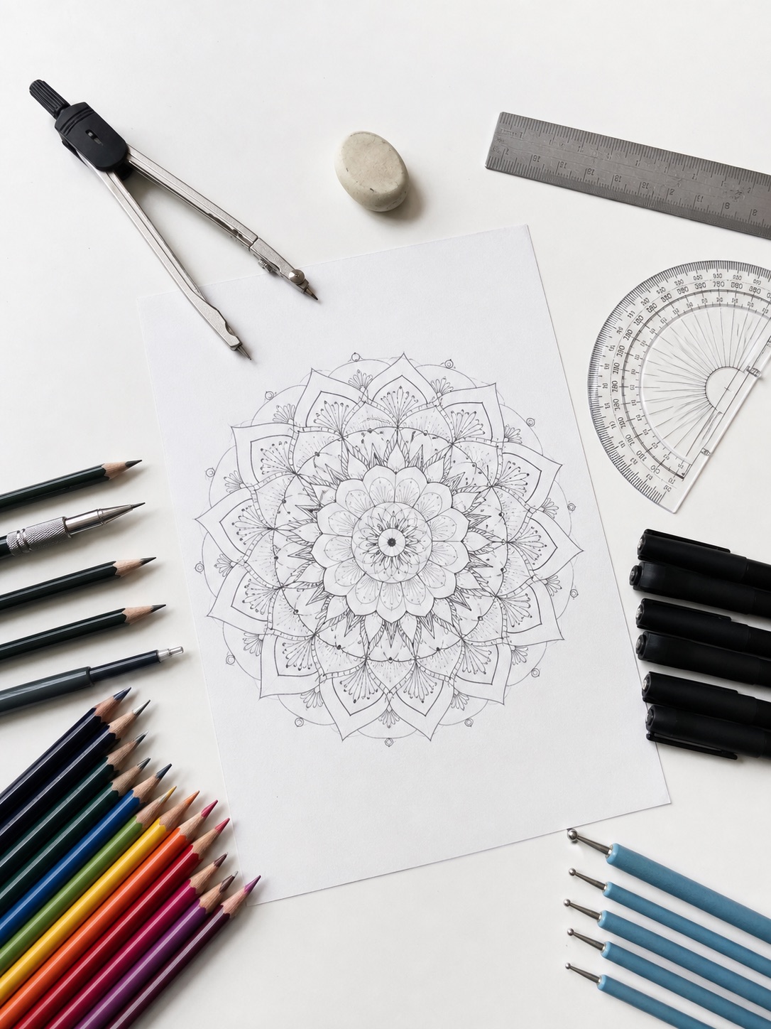 Mandala drawing tools flat lay Mandala drawing tools arranged around a hand-drawn mandala on white paper | Sky Rye Design Mandala drawing tools arranged around a hand-drawn mandala on white paper