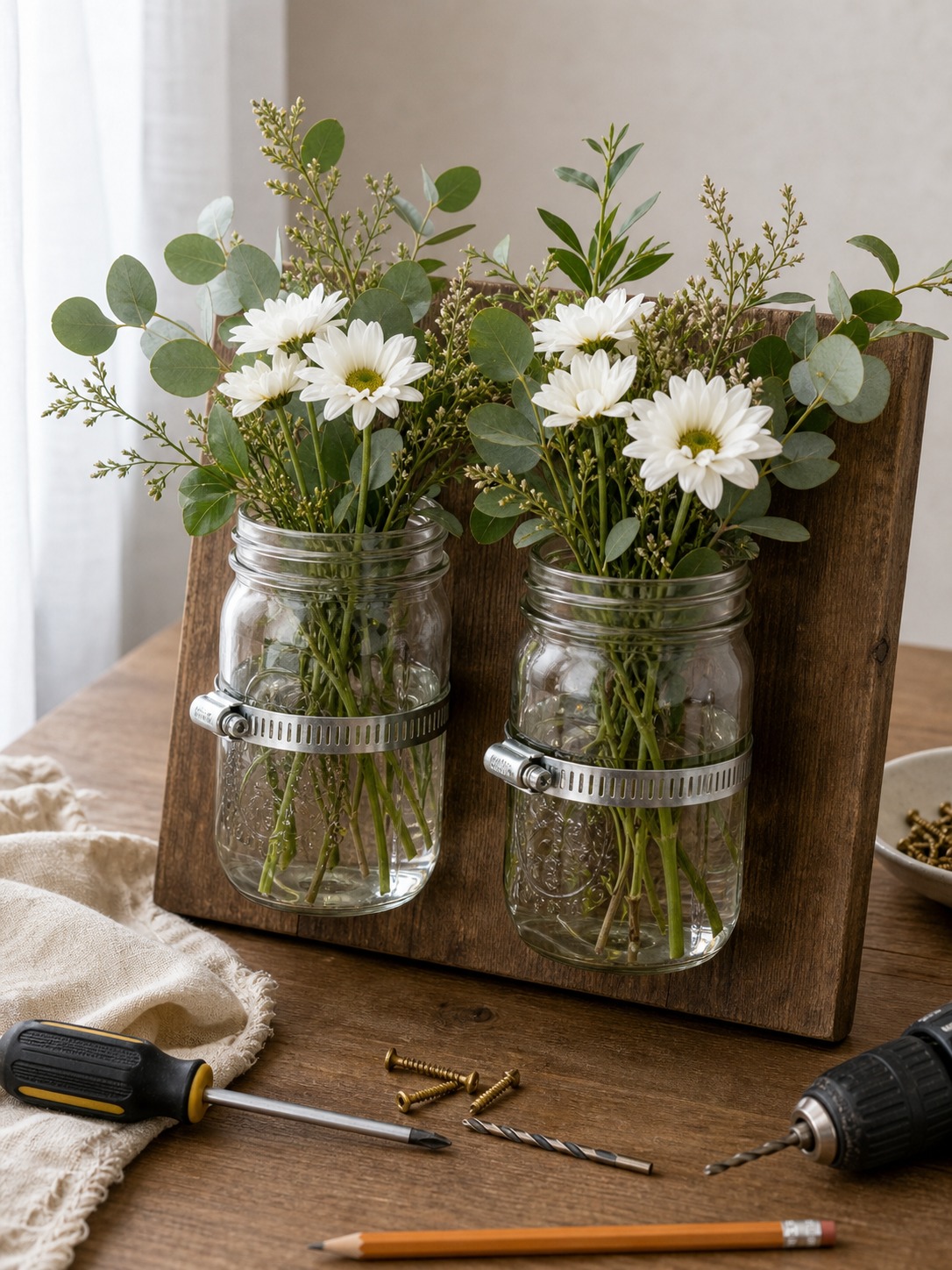 Mason jar wall vase with flowers on a wood board