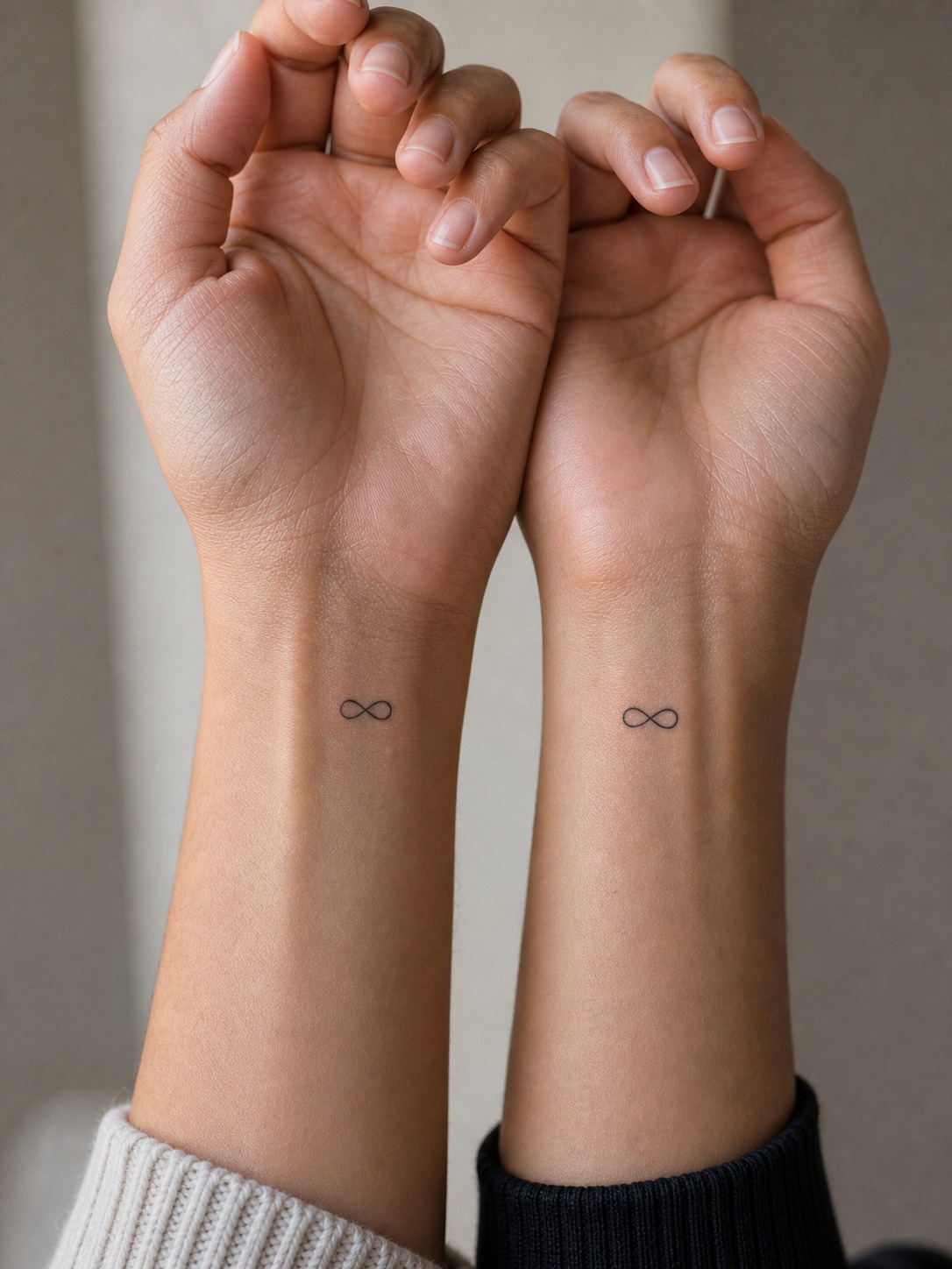 Matching infinity sibling wrist tattoos Matching tiny infinity sibling tattoos on two inner wrists. | Sky Rye Design Matching tiny infinity sibling tattoos on two inner wrists.