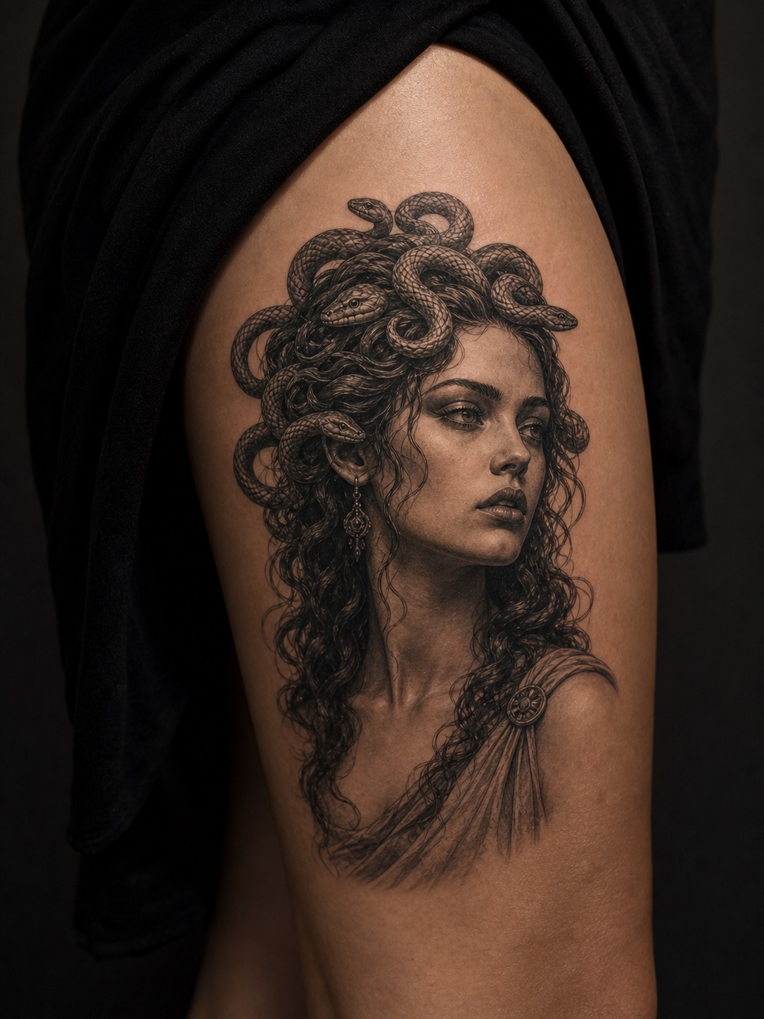 Minimal thigh Medusa tattoo before transformation, with a beautiful mythic portrait and snake hair.