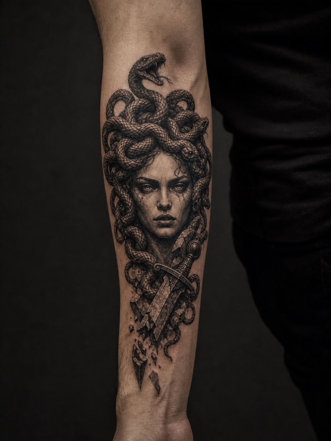 Arm tattoo of Medusa with snake hair and a broken sword, symbolizing the Perseus myth.