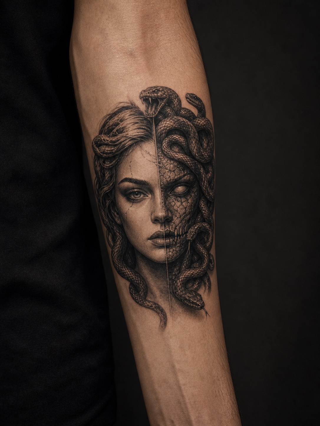 Forearm Medusa tattoo showing the duality of beauty and danger.