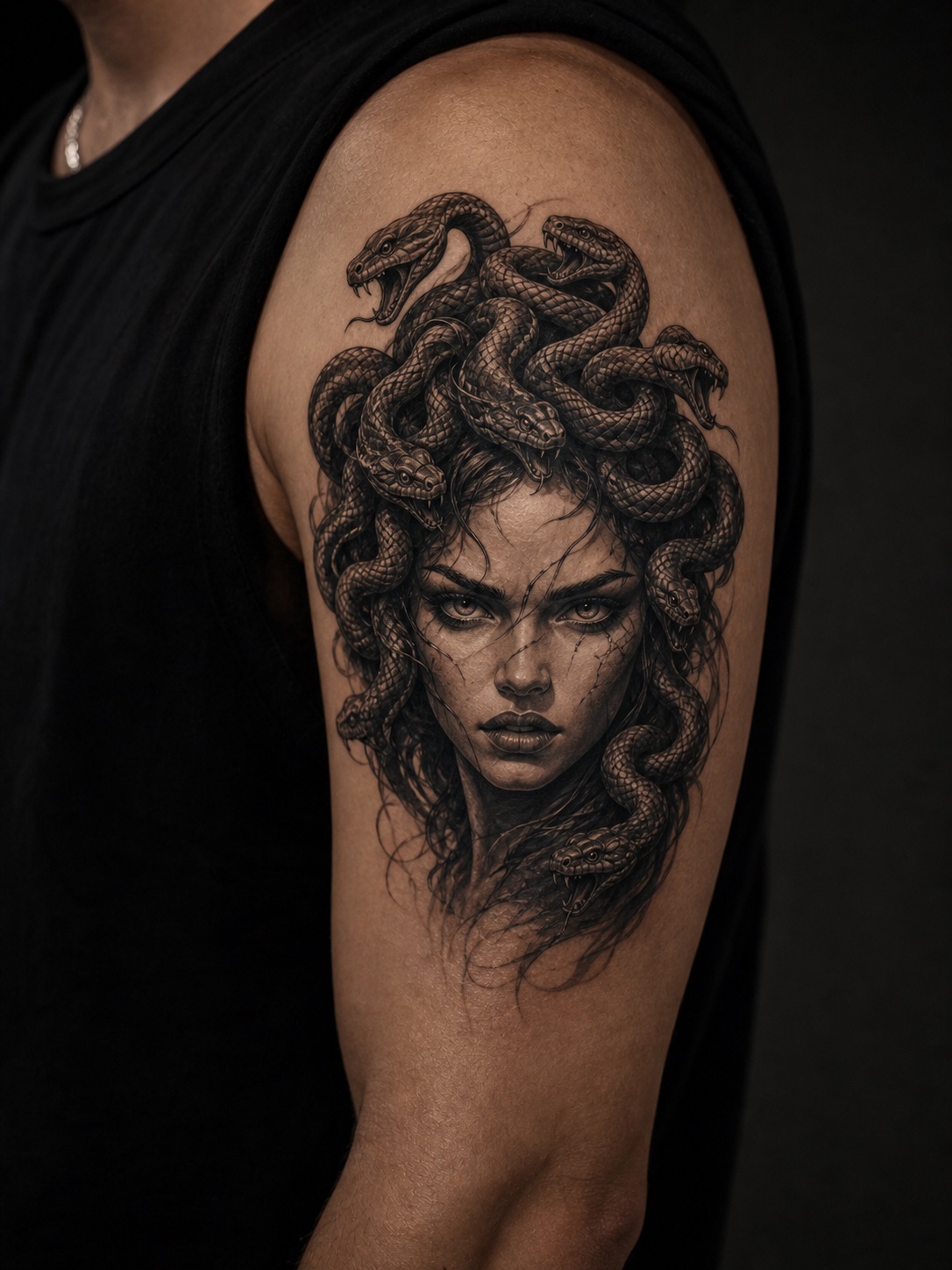 Upper arm Medusa tattoo with a fierce expression and active snake hair.