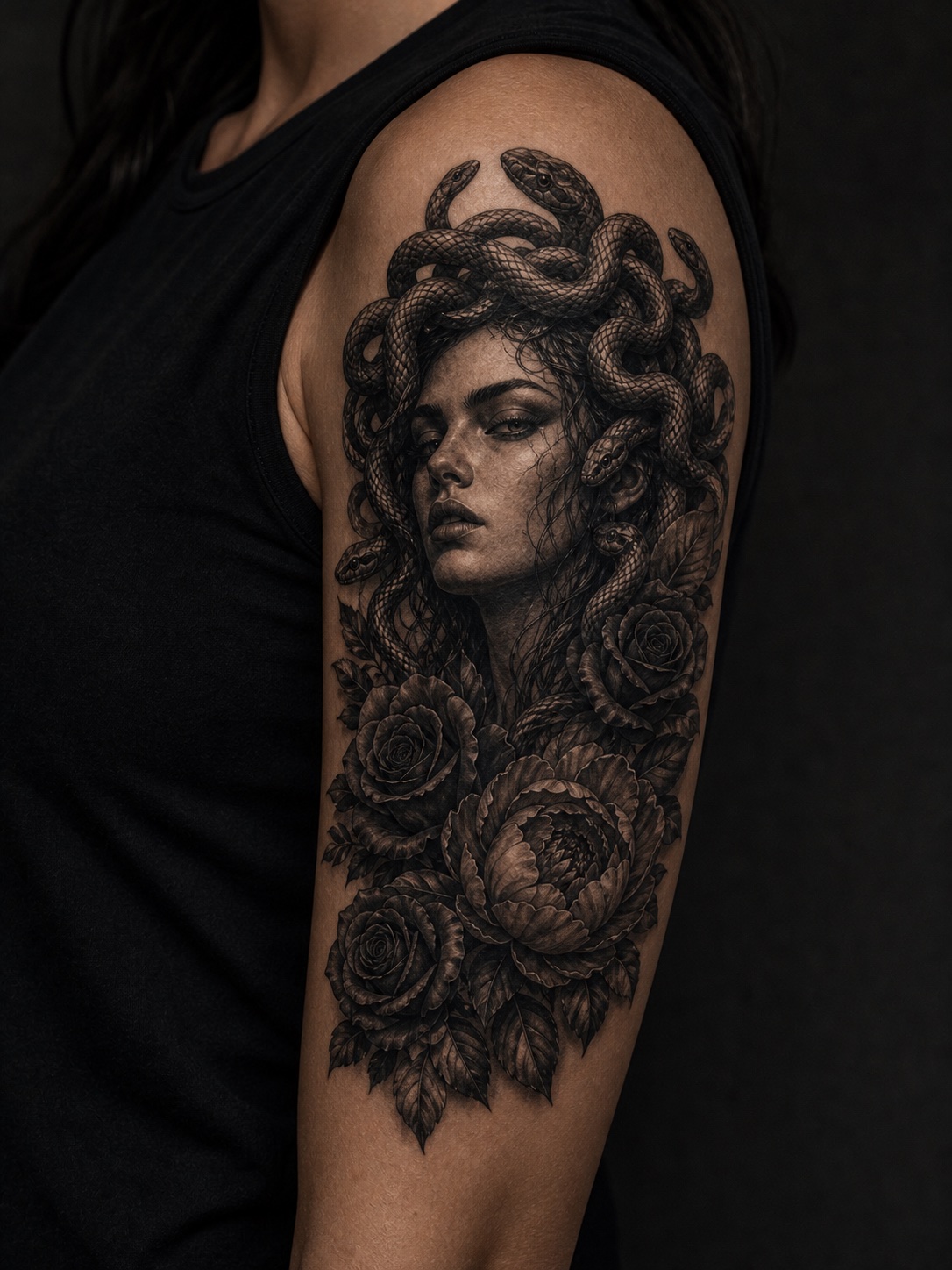 Upper arm Medusa tattoo with dark roses and peony flowers.
