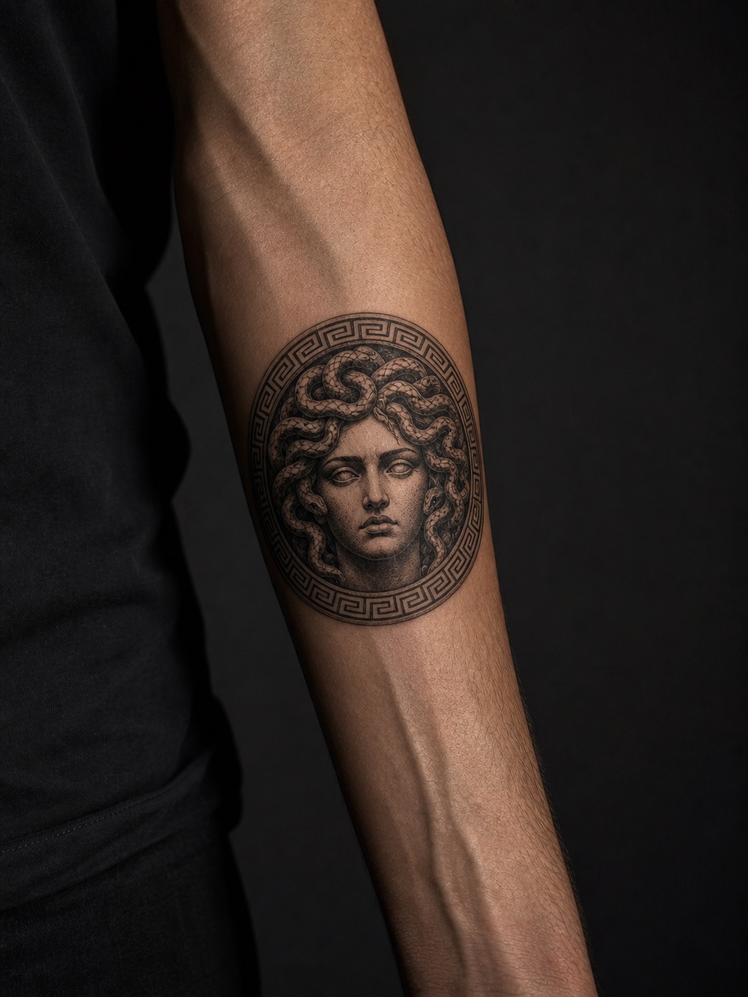 Forearm tattoo of a Medusa head designed as a protective ancient amulet.