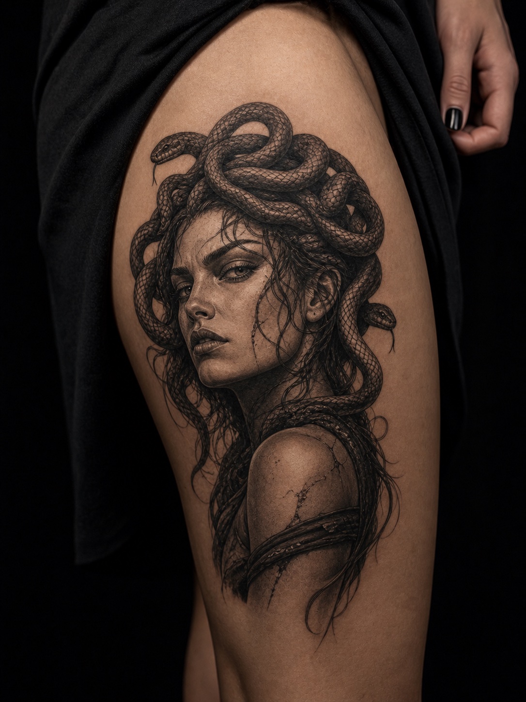 Thigh tattoo of Medusa with a fierce gaze, representing survivor strength.