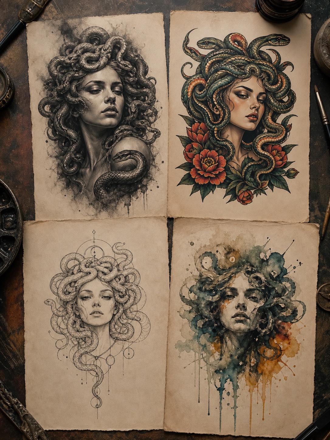 Four Medusa tattoo style sketches showing realism, neo-traditional, fine line, and watercolor approaches.