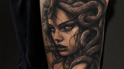Black and grey Medusa portrait tattoo on a thigh with snake hair and an intense gaze.