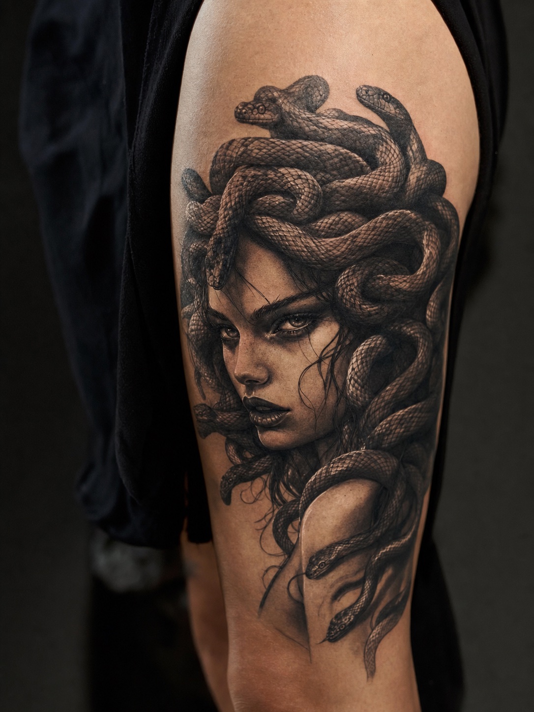 Black and grey Medusa portrait tattoo on a thigh with snake hair and an intense gaze.