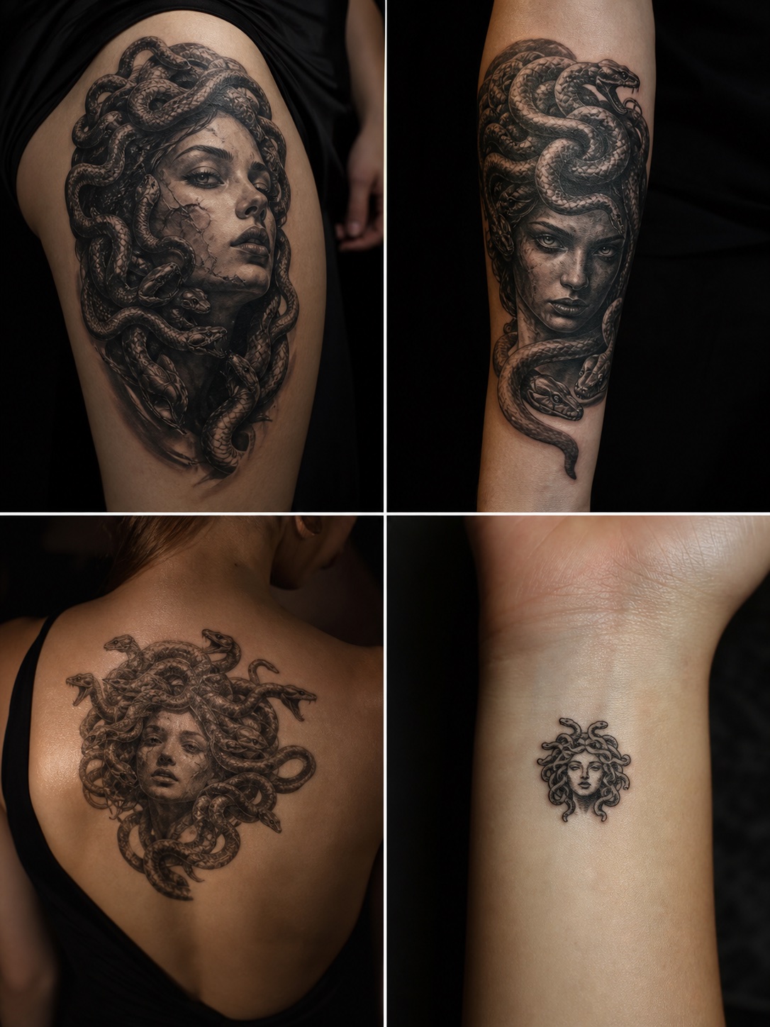 Four-panel reference showing Medusa tattoos on thigh, forearm, shoulder blade, and wrist placements.