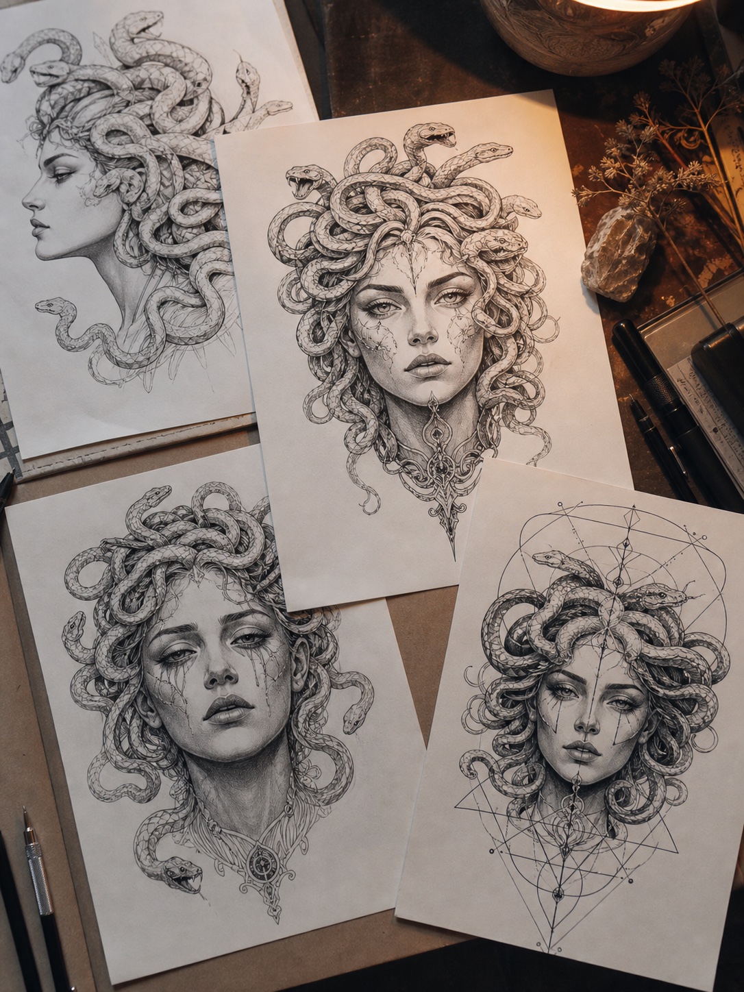Flat lay of Medusa tattoo reference sketches showing portrait, profile, crying, and geometric designs.