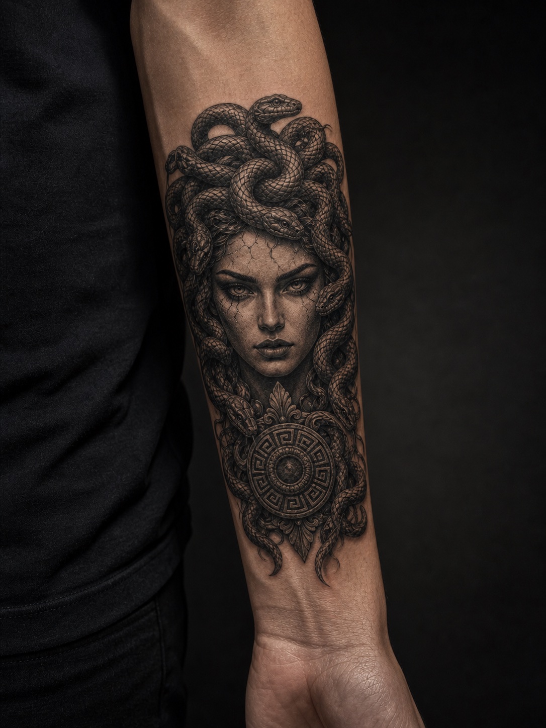 Forearm Medusa tattoo with a powerful gaze, representing Medusa tattoo symbolism.